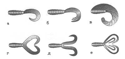 Рис.1. Модели твистеров: а) базовая модель; б) “гребешок”; в) “вьюн”; г,д) “лягушка”; е) “каракатица”