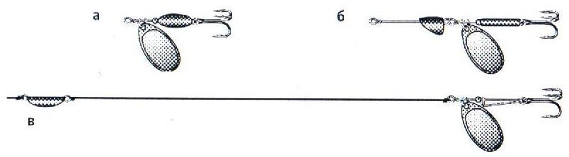 Рис.44. Вращающиеся блесны: а) с грузилом-сердечником, б) с грузилом-головкой, в) с отдельным грузилом
