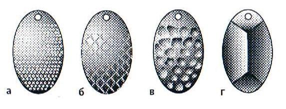 Рис.60. Обработка поверхности лепестка: а) точки, б) чешуйки, в) вмятины, г) ребра
