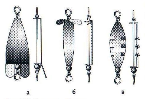 Рис.117. Блесны-турбинки: а) с передними лопастями, б) с задними лопастями, в) с центральными лопастями