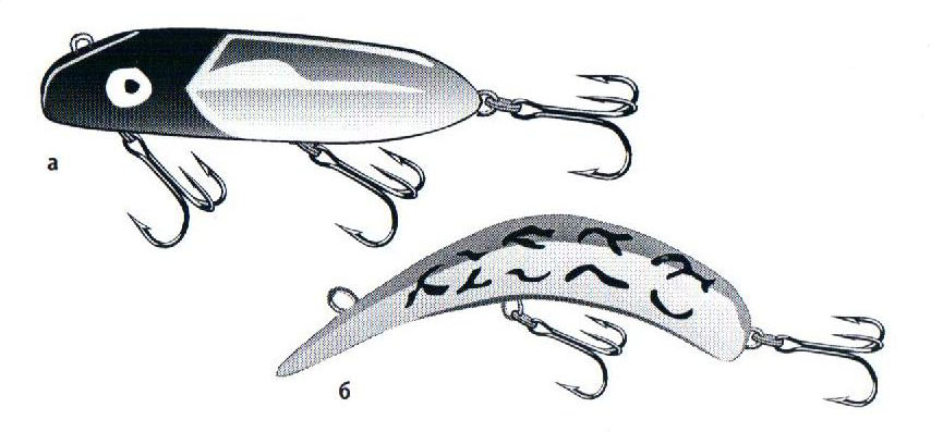 Рис.132. Первые безлопастные воблеры: а) Bass-Oreno, б) Flatfish