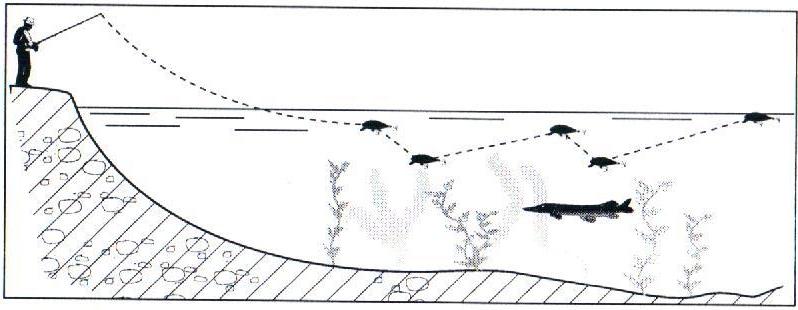 Рис.157. Ступенчатая проводка плавающего воблера у поверхности